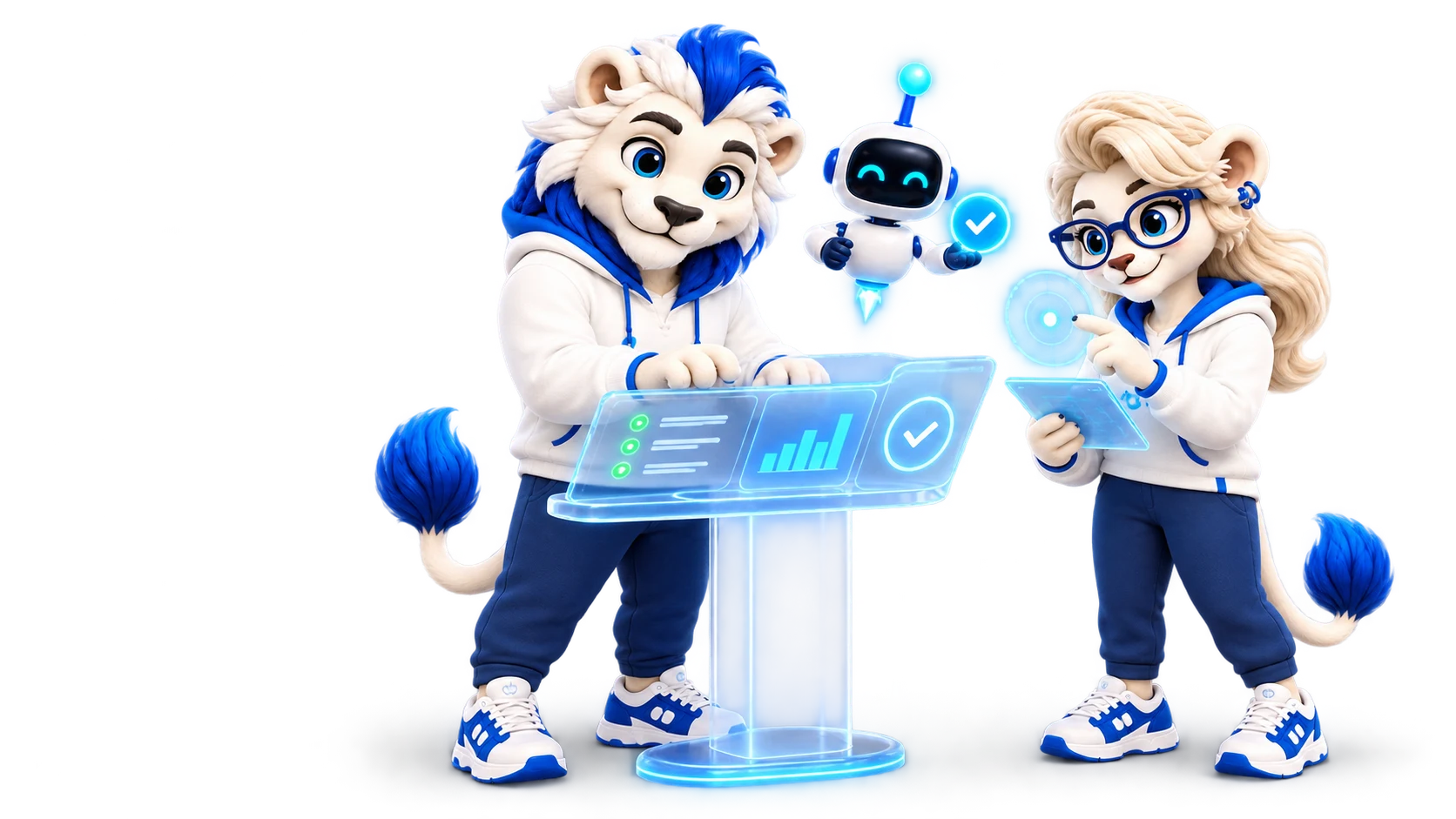 Two OpenBank lions and a robot monitoring services