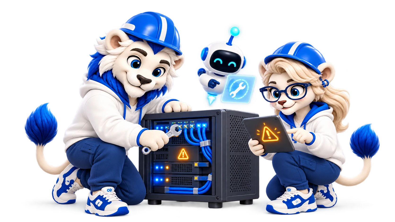 OpenBank lions wearing safety helmets and repairing a service